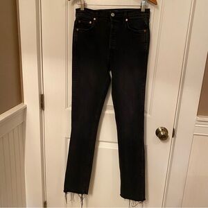 RE/DONE JEANS BLACK DENIM HIGH RISE BUTTON FLY FRAY HEM USA SIZE 27